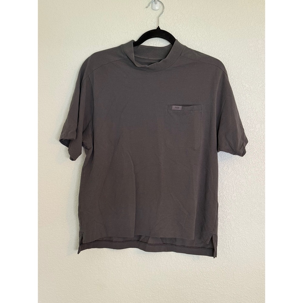 FIGS PRO Scrub Top Small Charcoal Grey Mock Neck Short Sleeve Pique Pocket